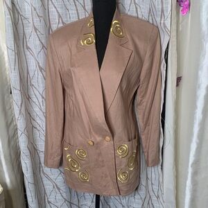 TOTOnKO Vintage Womens Linen Taupe Gold-Embroidered Blazer Jacket